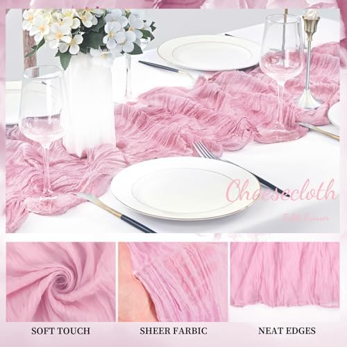 Light Pink Cheesecloth Table Runner 6 Pack 10FT Rustic Gauze Fabric Cheese Cloth Table Runner for Wedding 20 x 120 Inch Long Bridal Baby Shower Table Decorations Boho Sheer Birthday Party Table Decor - Image 3