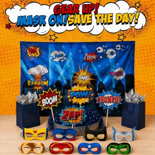 Superheroes Theme Party Photography Backdrop with Prop, Flag & Mask. Super Hero Cityscape Photo Booth Background for Kids Party, Birthday Wall Decorations - Image 6