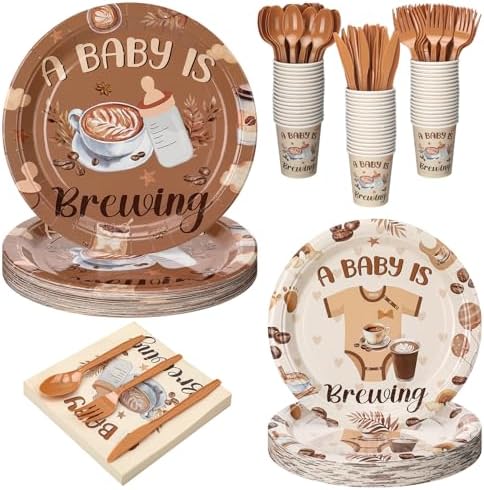 Yungyan 252 Pcs A Baby Is Brewing Baby Shower Party Tableware Set Included Plates Napkins Cups Forks Knives Cutlery for Party Decorations Supplies 36 Guests by Yungyan