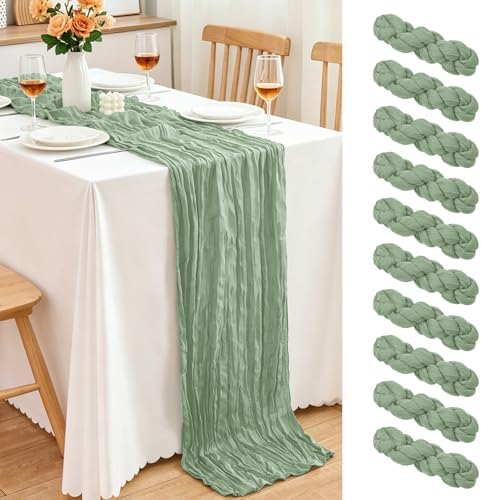 10 Pack Sage Green Cheesecloth Table Runner, 17x108 Inch Semi Sheer Boho Gauze Cheese Cloth Fabric Table Runners for Wedding Party Baby Shower Birthday Garden Farmhouse Table Decor by Yemosa