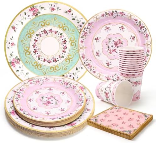 96 PCS Floral Paper Plates, Pink and Green Vintage Floral Paper Plates and Napkins Party Supplies for Birthday Bridal Shower Picnic Tea Time, Serve for 24 Guests by WelcometoUVTQSSP
