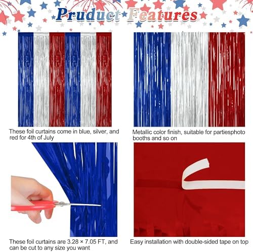 ZATAYE 2 Pack Blue Silver Red Foil Curtain Streamer Decorations - Image 4