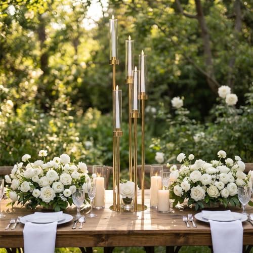 42.5in Gold Candle Holders for Table Centerpiece Candelabra Candlestick Holders Decor Wedding Centerpiece Table Decorations 5 arm Candle Holder Set of 2 Acrylic lampshade Fit 0.9" LED Candle - Image 4