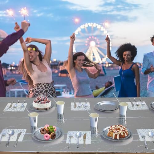 201-piece disposable party tableware set with paper plates, cups, napkins, straws, tablecloths, plastic knives, forks and spoons for a variety of party occasions for up to 25 people (Silver Star) - Image 7