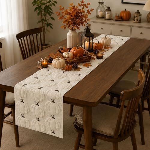 Fall Table Runner 13x120 Inch Soft Plush Faux Fur Jacquard Beige Pumpkin Table Runner, Seasonal Autumn Kitchen Dining Table Decoration for Home Party Decor ZR010A120 - Image 2