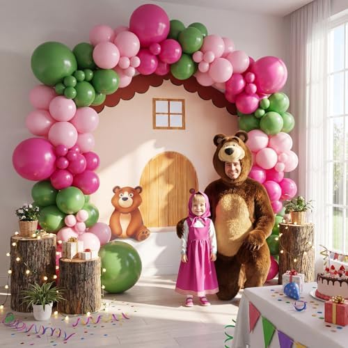 214 Pcs Pink Cartoon Bear Party Balloon Arch Kit with Cute Banner for Forest Birthday Baby Shower Woodland Party Celebrations Wooden House Picnic - Image 3