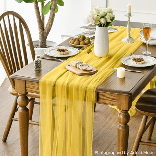 Artoid Mode 3PCS Yellow Gauze Table Runner 120 Inch 10FT, Seasonal Sheer Kitchen Dining Holiday Wedding Birthday Baby Shower Table Decor for Home Party - Image 5