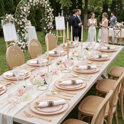 WDF Partyware 175PCS Pink plastic Plates - Pink Disposable Plates 25Guests Disposable Dinnerware Sets with Rolled Napkins for Wedding/Birthday/Baby Shower - Image 3