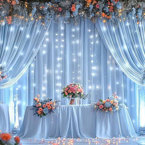 20 x 10ft Baby Blue Backdrop Curtains with Lights String - Image 2