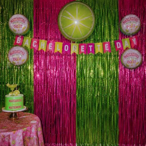 Hot Pink Lime Green Foil Fringe Curtains 4 Pack, Party Backdrop - Image 7