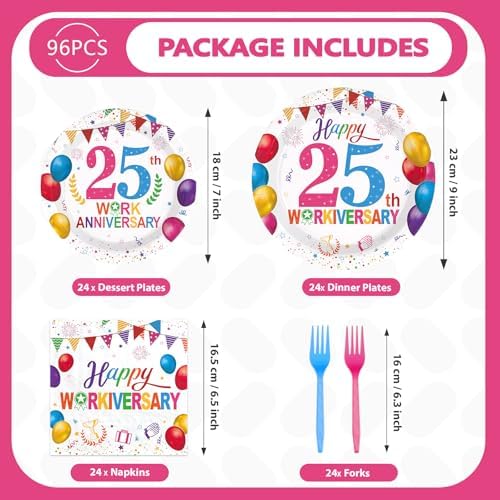 96Pcs Happy 25th Workiversary Party Decorations for Men Women Colorful Happy Work Anniversary Plates and Napkins Sets 25th Anniversary Decorations for Employee Worker Office Party Supplies Serves 24 - Image 3