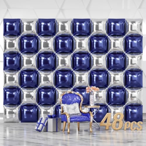 NISOCY 48PCS Navy Blue and Silver Square Foil Balloons Wall Backdrop by NISOCY