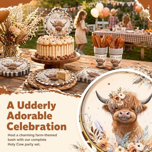 120PCS Boho Highland Cow Party Supplies for Boys girls Holy Cow Highland Themed Baby Shower Birthday Party Decorations Tableware Set Plates Napkins Cups Set for 20 Guests - Image 6