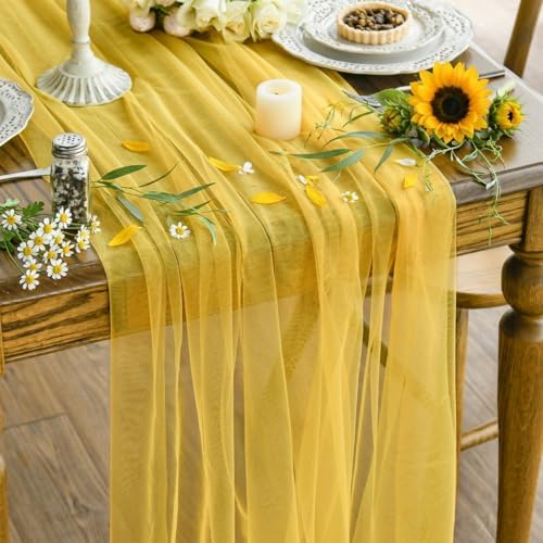 Artoid Mode Yellow Gauze Table Runner 120 Inch 10FT, Seasonal Sheer Kitchen Dining Holiday Wedding Birthday Baby Shower Table Decor for Home Party by ArtoidMode