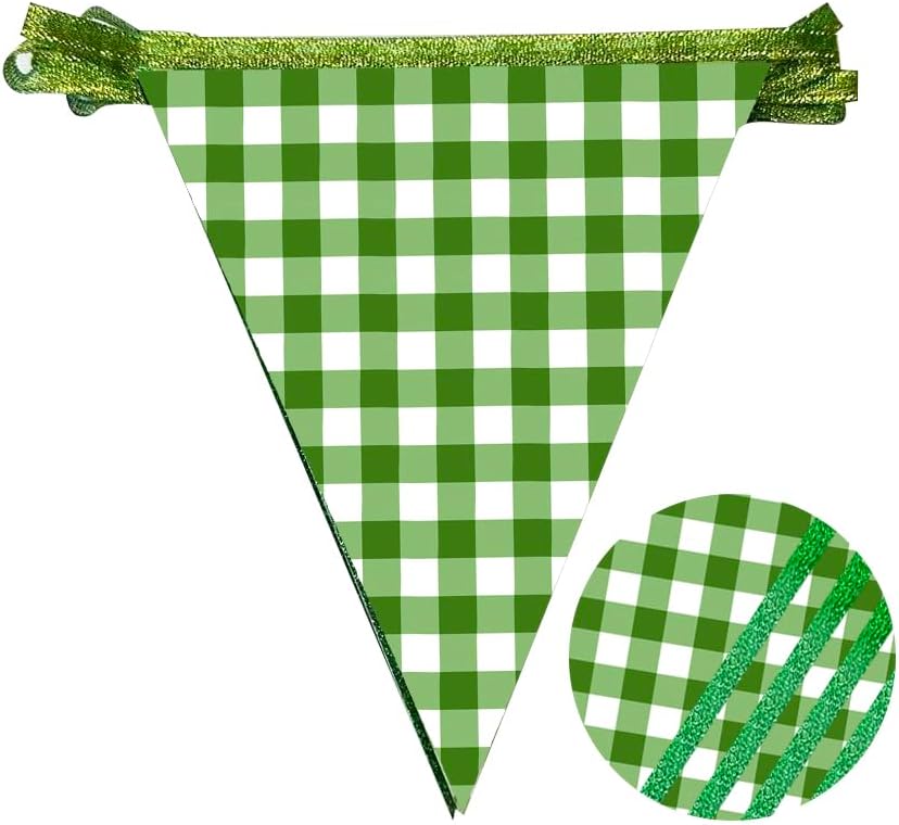 Glitter Green Party Pennant Banner Flag Green Buffalo Plaid Hanging Paper Triangle Bunting for Birthday Christmas Holiday Wedding Shower Bridal Shower St Patrick's Day Party Decorations Supplies - Image 3