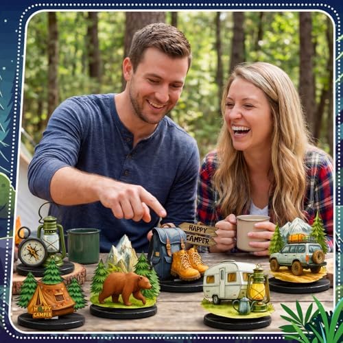 Wesiti 12 Pcs Camping Party Table Decorations Wooden Camper Centerpieces Camping Adventure Sign with Bases Table Topper Decor for Adults Tiered Tray Decor Party Favor - Image 5