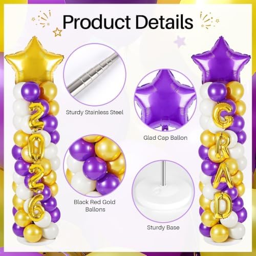 2 Sets Graduation Balloon Column Stand Kits with 132 PCS Purple Golden White Latex Balloons 2026 Letters 6.5 Ft Adjustable Metal Tube Telescopic Tower Pillar with Base for Graduation Party Decoration - Image 4