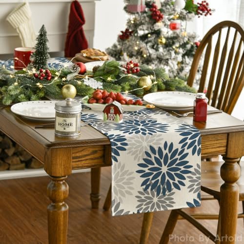 Artoid Mode Dahlia Aqua Floral Pinnata Flower Winter Table Runner, Seasonal Summer Holiday Kitchen Dining Table Decoration for Home Party Decor 13x90 Inch - Image 2