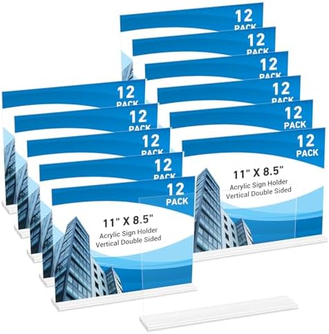 12 Pack Acrylic Sign Holder 11 x 8.5 Horizontal, Double-Sided Clear Sign Holder Plastic Stands for Display, T Shape Acrylic Table Sign Stands for Office Store Restaurants Wedding Party Decoration by DECOHOBO