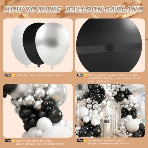 412Pcs Black and Silver White Balloon Arch Kit, 18 12 10 5 Inch Different Size Black and Silver White Balloons for Graduation Birthday Wedding Party Decorations - Image 3