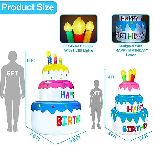 4 Ft Inflatable Happy Birthday Cake Decorations Outdoor Lighted Blow Up Holiday Birthday Party Decor with Candles 6 LED Lights for Indoor Home Celebration Garden Lawn Yard Prop Sign - Image 4