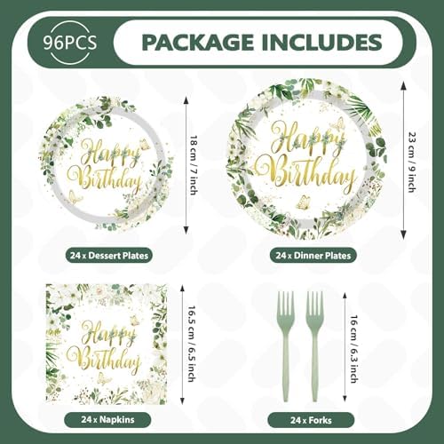 Greencian 96Pcs Sage Green Happy Birthday Party Decoration, Serve 24 - Image 5