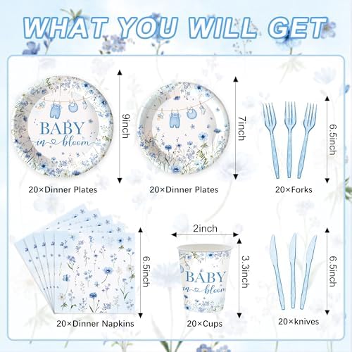 120PCS Boy Baby Shower Party Supplies Baby in Bloom Party Decorations Spring Wild Flower Pregnancy Announcement Tableware Set Dessert Plates Napkins Cups Set for 20 Guests - Image 5