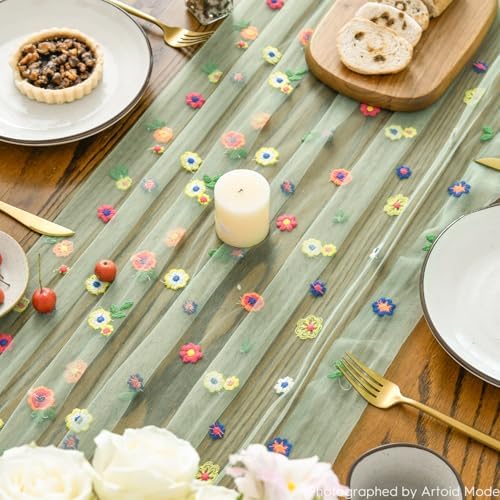 Artoid Mode 3PCS Sage Green Embroidery Daisy Gauze Table Runner 120 Inch - Image 4