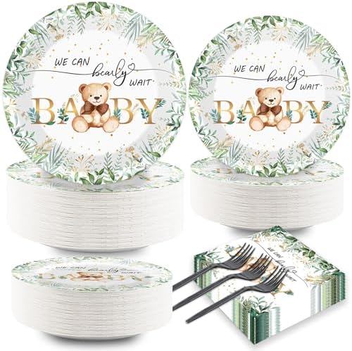Naozinebi 200PCS Sage Green Bear Baby Shower Decoration Teddy Plates Napkins We Can Bearly Wait Paper Plates Greenery Bear Party Tableware Set for Gender Reveal Neutral Party Decor Supplies Serves 50 by Naozinebi