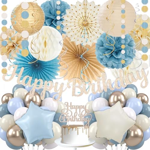 Dusty Blue Beige Champagne Women Birthday Decorations, Boho Neutral Boys Girls Blue Party Décor With Fog Cream Gold Balloons,Happy Banner Garland,Paper Lanterns, Honeycomb Tissue Pom Poms For Adults by Vztipki