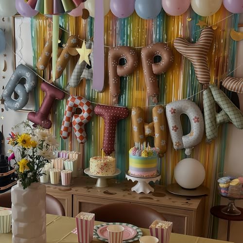 Neutral Vintage Happy Birthday Balloons Banner - Fabric Texture Inspired Mylar Foil Signs, Retro Plaid & Floral Designs, Boho Party Decorations for Kids & Adults Birthday, Old Money Aesthetic - Image 5