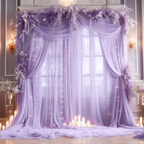 20ft x 10ft Purple Backdrop Curtain with Lights String for Parties, Sheer Tulle Wedding Photo Backdrops Drapes for Baby Shower Birthday Party Decorations Background for Photography by Shillance