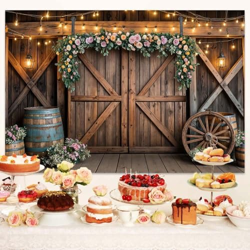 7x5ft Country Wedding Photography Backdrop Rustic Barn Door Photography Backdrop Farmhouse Pink Flower Cabin Wooden Birthday Baby Shower Wedding Bridal Party Banner Photo Booth Props Background - Image 3