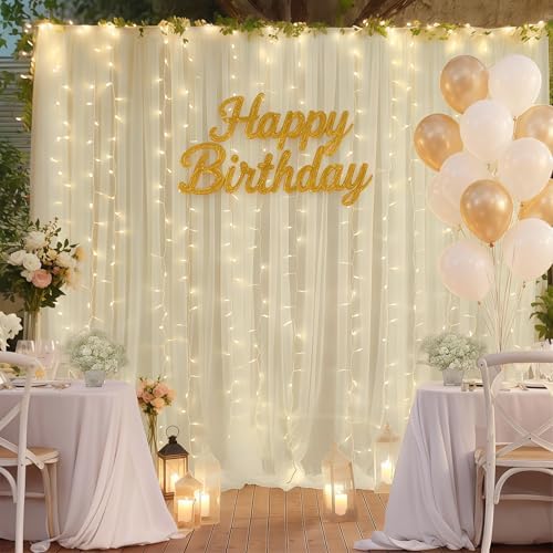 10×10ft Cream White Tulle Backdrop Curtain with Lights String for Parites, Sheer Photo Curtain Backdrop Drapes for Wedding Party Photography Backgrounds - Image 6
