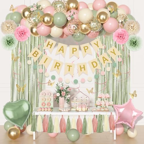 Pink and Green Birthday Decorations Women Girls Happy Birthday Supplies by OuddyParty