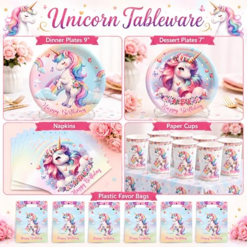 191 Pc Unicorn Birthday Decorations for Girls – Complete Unicorn Party Decorations Supplies Kit with Backdrop, Banner, Plates, Napkins, Balloons, Headband, Tablecloth – Rainbow Party For Kids - Image 3