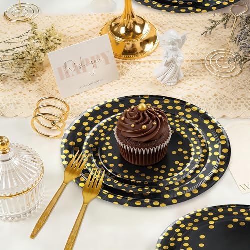 150 Pcs Black and Gold Paper Plates Party Supplies,Serves 50 Guests 7" 9" Black Gold Plates and Gold Plastic Forks,Disposable Paper Tableware Set for Graduation Retirement Decorations - Image 4