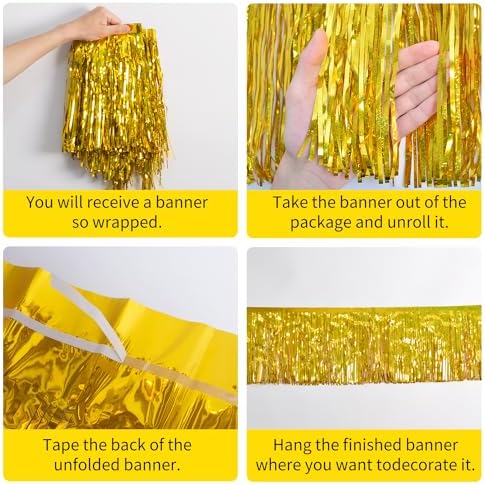 Laser Gold Party Decorations Birthday Streamers 4Pack - 48FT Tinsel Garland Self Adhesive - Metallic Gold Birthday Decorations Party Supplies - Heavy Duty Fringe Banner Parade Float Decorations - Image 6