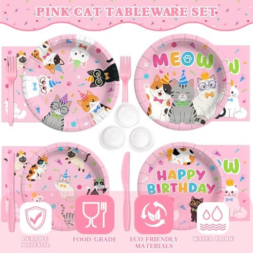 206pcs Pink Cat Birthday Decorations Plates Tableware Serves 24, Cat Party SuppliesPlates Napkins Cups Set Banner Balloons Tableware Cake Topper for Cat Girl Party Supplies - Image 4