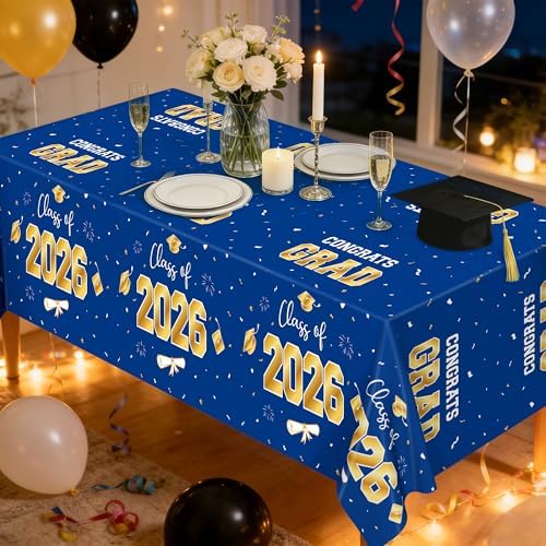 QZYL 4 Pack Graduation Decorations 2026, 54" x 108" Blue and Gold Disposable Graduation Table Cloths, Grad Party Decorations for Class of 2026, Rectangle Plastic Tablecover for College Congrats Grad - Image 4