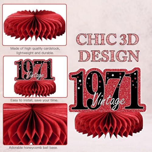 9Pcs 55th Birthday Decorations Red and Black 55th Birthday Party Decorations for Women,Happy 55 Years Vintage 1971 Aged Honeycomb Centerpieces Table Sign Decor Supplies - Image 3