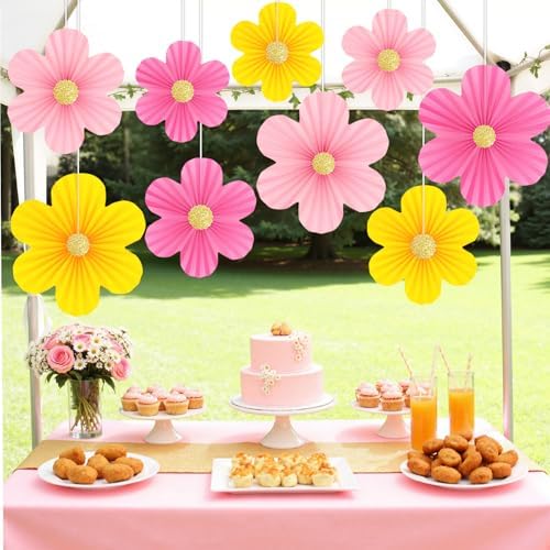 Pink and Yellow Party Decorations 9PCS Paper Flowers Decorations for Wall - Image 5