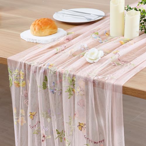 BINBE 1pcs Pink Florals Table Runner Embroidery Gauze 10FT Daisy Seasonal Tulle Birthday Wedding Holiday Kitchen Dining Table Decor for Home Party by BINBE
