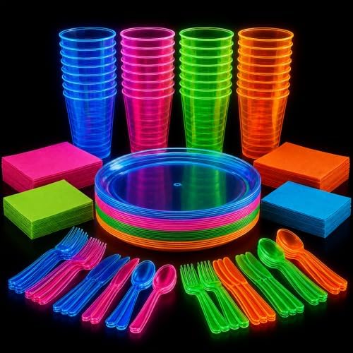 Kedudes Neon Glow Party Supplies, Serves 32 - Hard Plastic Disposable Party Neon Plates, Napkins, Neon Cups Tumblers, Cutlery - Forks, Knives, Spoons - Neon Party Decorations - Fiesta Party Supplies by kedudes