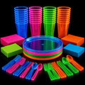 Kedudes Neon Glow Party Supplies, Serves 32 - Hard Plastic Disposable Party Neon Plates, Napkins, Neon Cups Tumblers, Cutlery - Forks, Knives, Spoons - Neon Party Decorations - Fiesta Party Supplies by kedudes