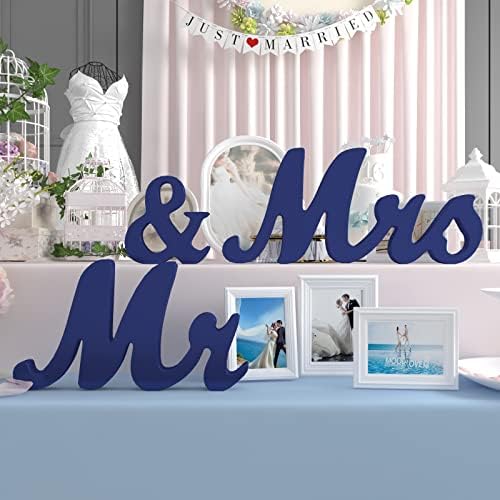 VIOPVERY Wooden Mr & Mrs Wedding Sign with Just Married Banner,Blue - Image 3