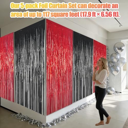 5 Pack 3.28ft x 6.56ft Red&Black Tinsel Foil Fringe Curtains, Photo Booth Backdrop Party Decorations for Birthday Wedding Baby Shower Graduation Bachelorette New Years - Image 3