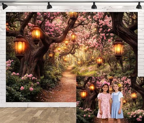 Pink Spring Enchanted Forest Backdrop, Cherry Blossom Road Fairy Tale Wonderland Garden Photography Background for Kids Girls, Baby Shower Birthday Party Decoration Cake Table Photo Booth Props 8X6FT by Unknown