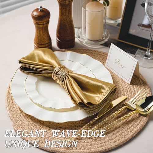 120PCS Ivory White Plastic Plates, Wavy Plates with Gold Rim - Image 3