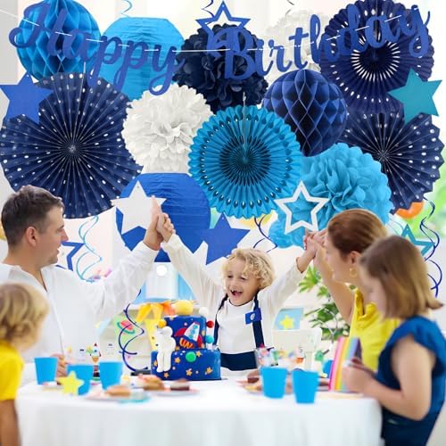 Navy Blue Birthday Party-Decorations - 29pcs Blue Party Decorations for Men Boys, Happy Birthday Banner Paper Streamers Lanterns Tissue Pom Poms - ZERODECO - Image 5